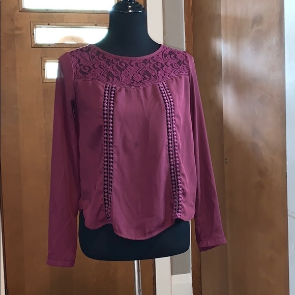 Maroon long-sleeved roll cuff blouse with lace - Picture 1 of 5